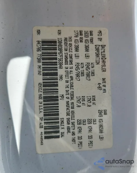 2007 Dodge Durango Sxt из США, поврежденный, VIN 1D8HB38P67F563840